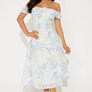 Fashion Nova White and Blue Off-Shoulder Sundress